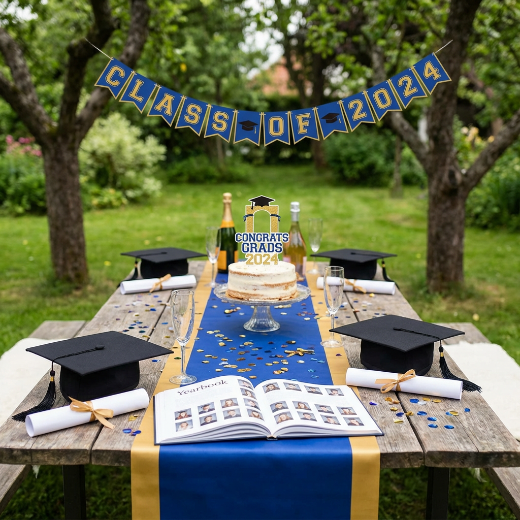 Graduation celebration scene, no people, symbolic elements