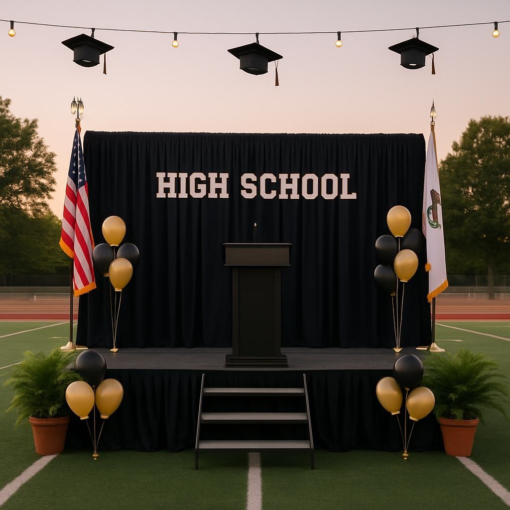 Outdoor high school graduation stage with podium, flags, and balloons